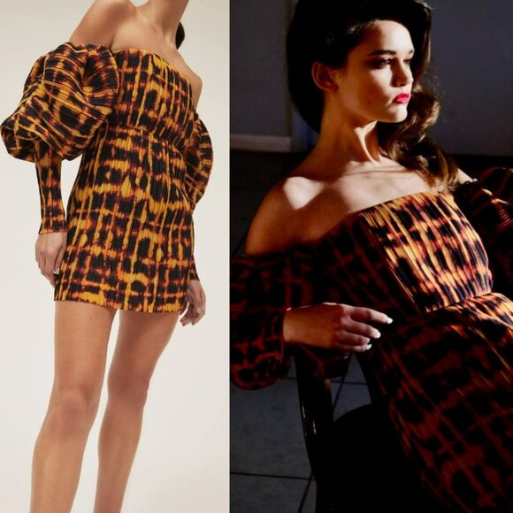 Solace London Leopard Print Mini Dress Mindy Kaling Artsy Exaggerated Sleeve - Picture 15 of 15